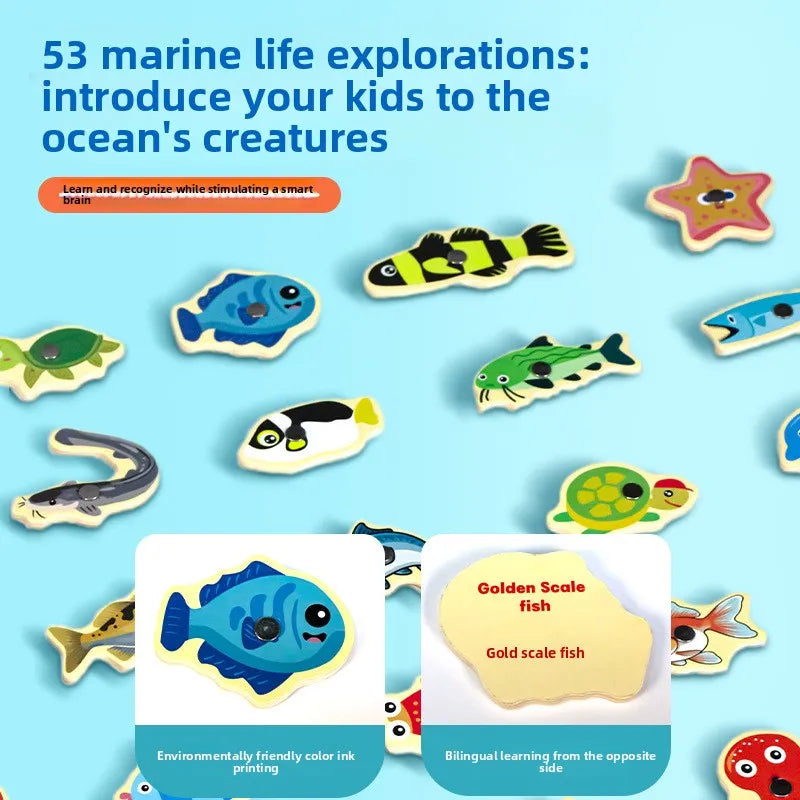 Educational marine life toys with cards on a blue background