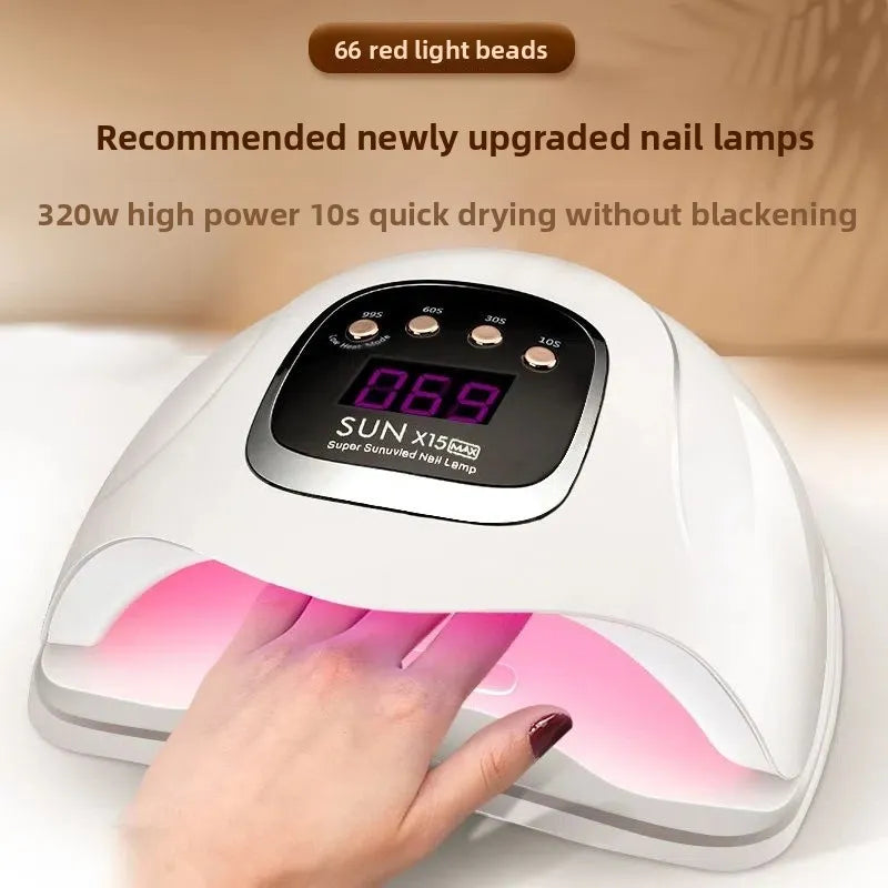 Nail lamp with digital display and text about red light beads and power settings.