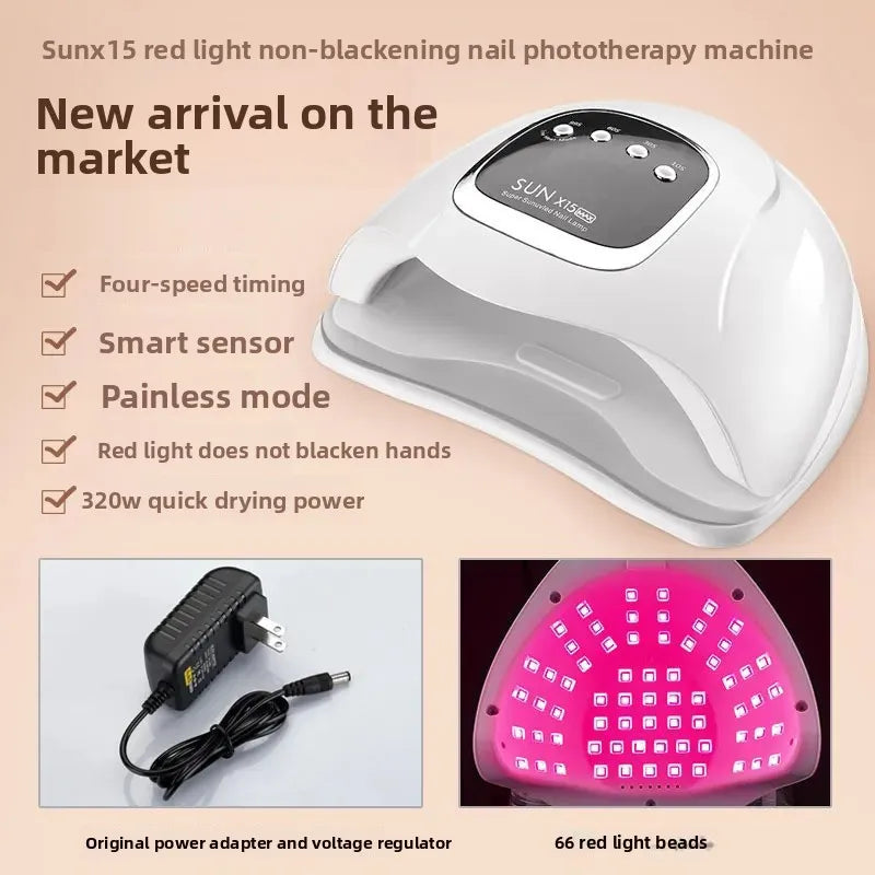 Sunx15 red light non-blackening nail phototherapy machine with features listed on a beige background.