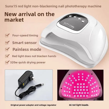 Sunx15 red light non-blackening nail phototherapy machine with features listed on a beige background.