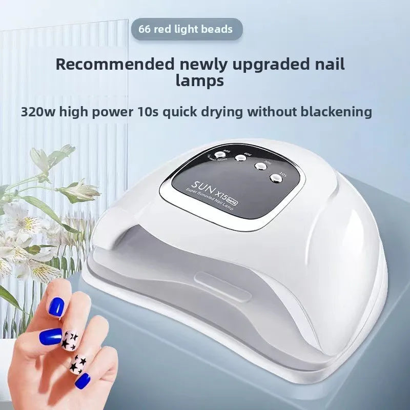 White nail lamp with text on a light blue background