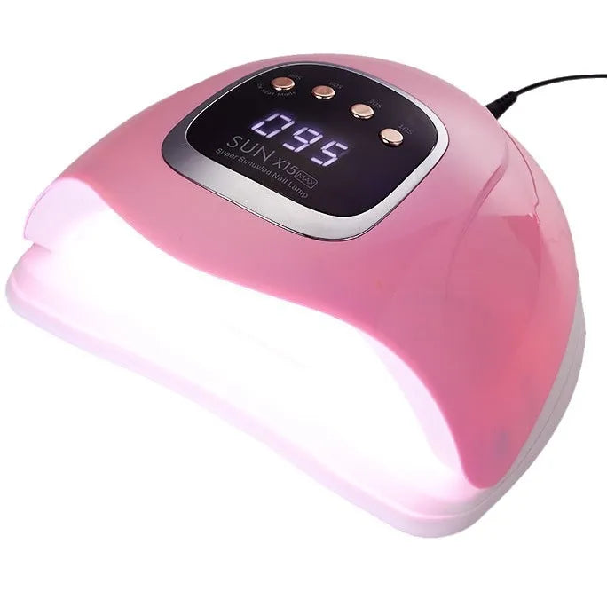 Pink nail dryer with digital display on a white background