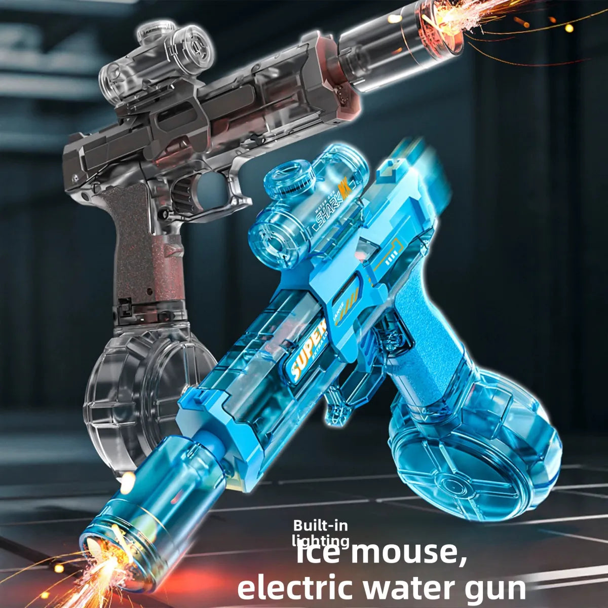 Two toy electric water guns shown in a dark studio setting: one in transparent blue with glowing effects and one in transparent gray/black. Sparks and bright light effects are visible around the nozzles.