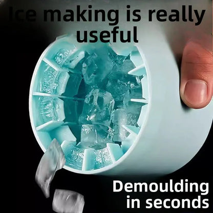 Ice cube tray with ice cubes being removed, text indicating usefulness and quick demoulding.