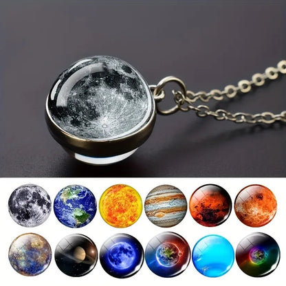 Necklace with a spherical pendant showing moon phases, surrounded by images of different planets.