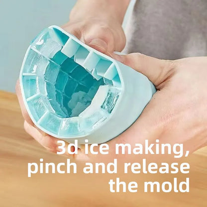 Teal ice mold held in a hand with text '3d ice making, pinch and release the mold' on a light background