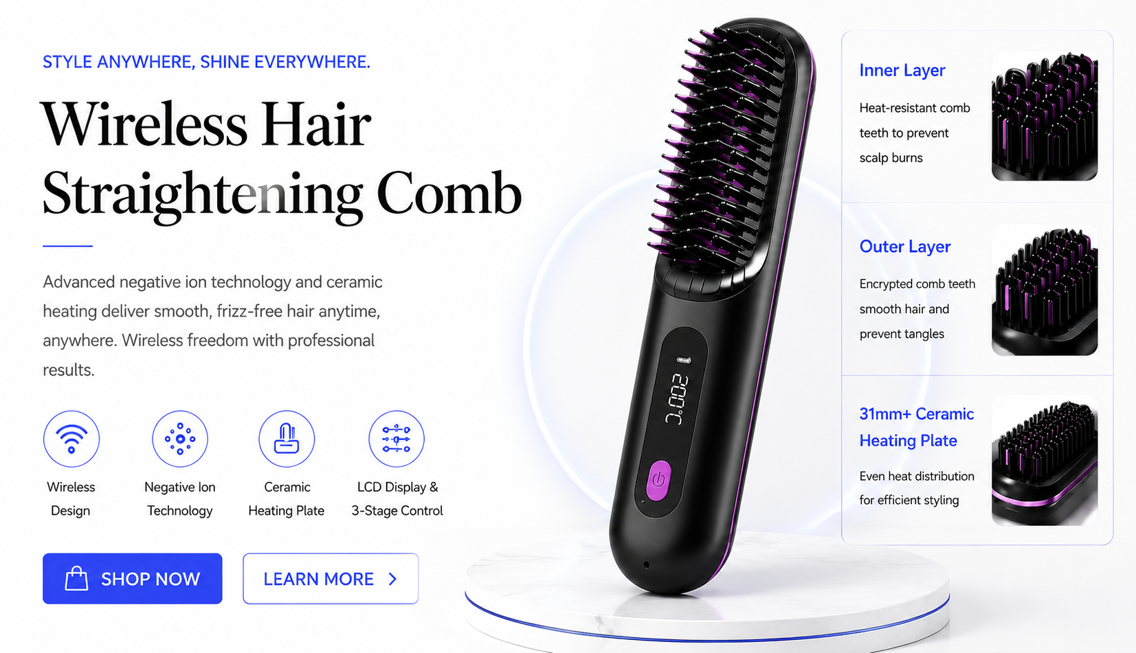 novoraaWireless Hair Straightening Comb with Negative Ion Technology - Landing Image 3