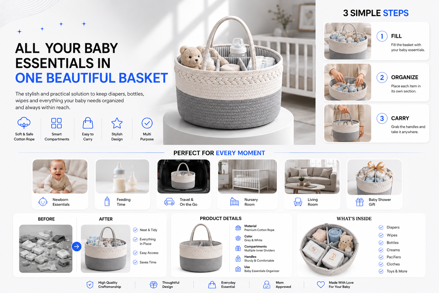 Novoraa Handwoven Storage Basket with Removable Compartments - Landing Image 3