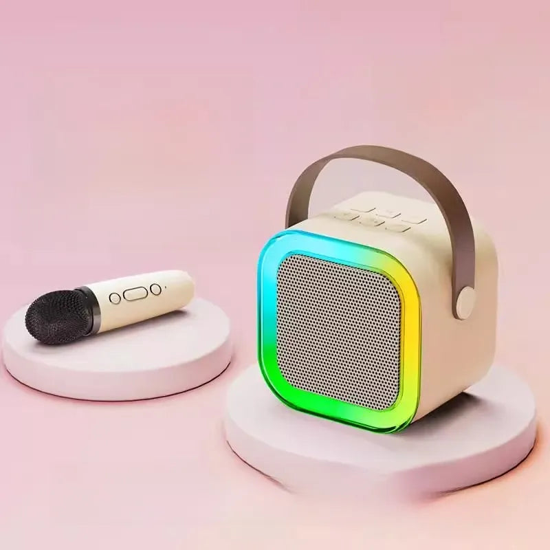 Colorful speaker with a microphone on a pink background