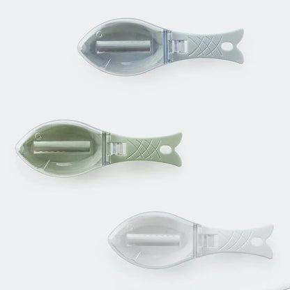 Three kitchen utensils with labels on a white background